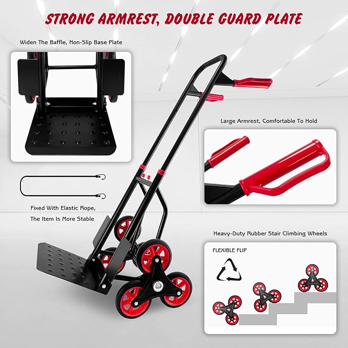 Stair Climber Hand Truck Dolly, Heavy Duty 440 Lb Capacity Trolley Cart with Telescoping Handle and Rubber Wheels 6 Rubber Wheels and Rope for Moving Logistics Warehouse