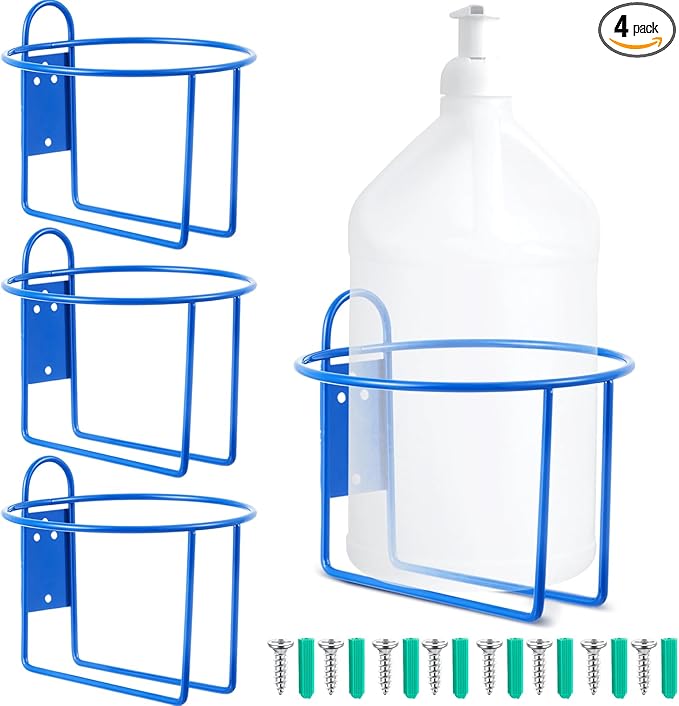 Hicarer 4 Pcs One Gallon Jug Storage Rack Wall Mounted Heavy Duty Steel Wall Rack for 1 Gallon Bottle Round Water Jug Holder with Hardware Hand Sanitizer 6-3/4" W x 5" H x 6-1/2" D (Blue)