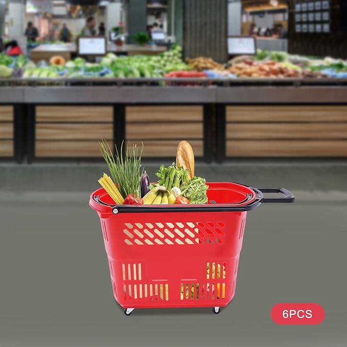 35L 6PCS Shopping Carts with Wheels and Handle, Plastic Rolling Basket, Portable Shopping Baskets Set for Supermarkets and Retail Stores
