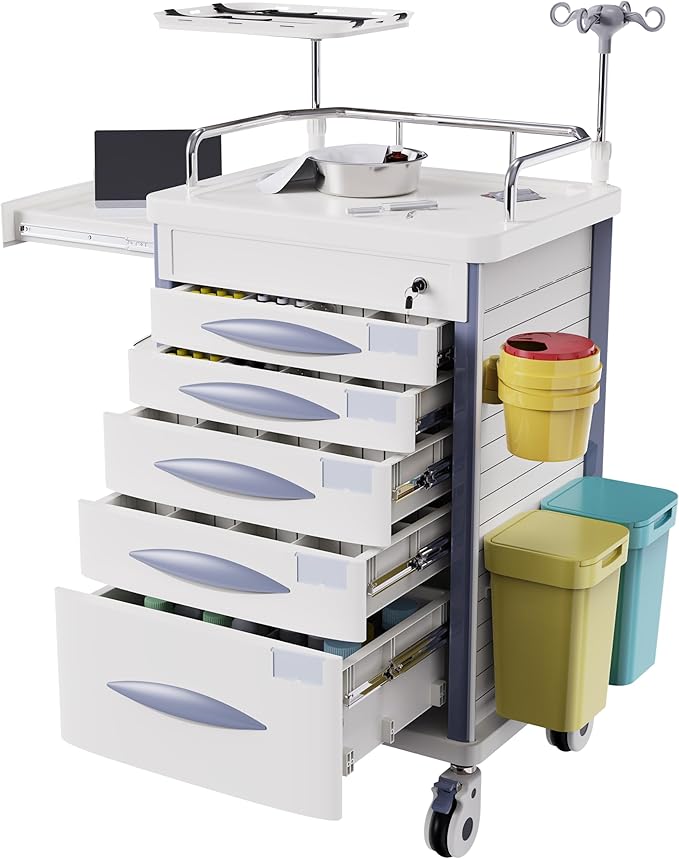 Rolling Emergency Medical Storage Crash Cart with Drawers -CPR Board, IV Pole, Silent Casters, Trash Bin, O2 Holder, Drawer with Dividers, File Box, Nursing Cart for Clinic, Hospital, Salon