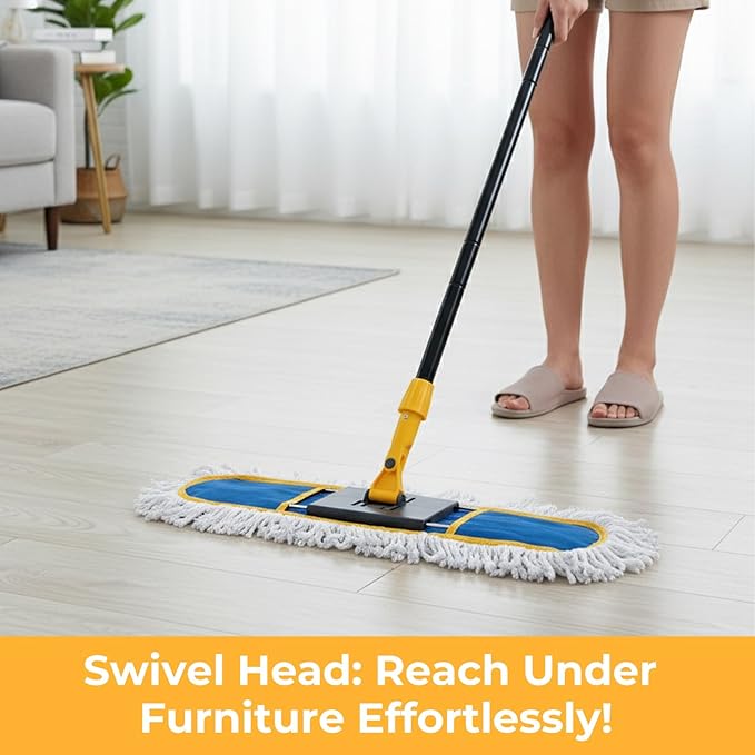 24" Dust for Floor Cleaning, Large Areas Floor Duster with 2 Cotton Reusable Pads, Wet Dry Mop for Hardwood Floors, Marble, Laminate, Tile, Concrete, Garage