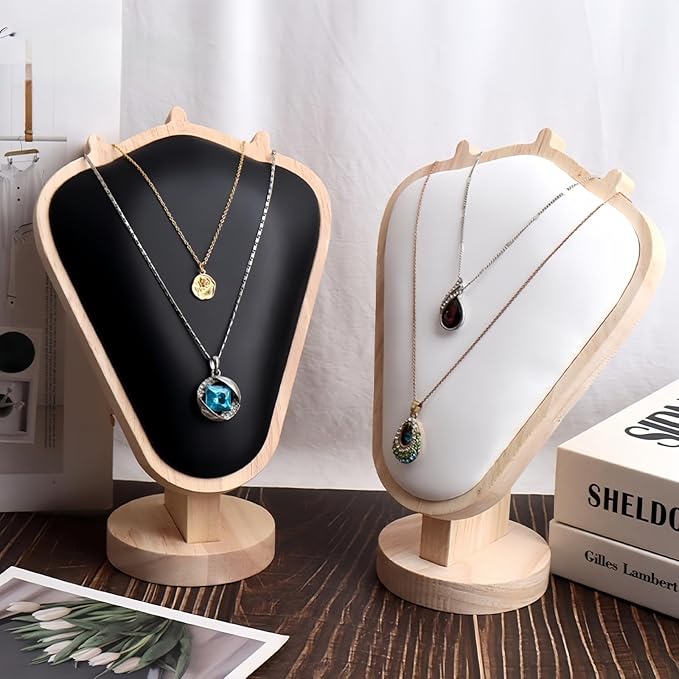 Natural Body Wood Necklace Display Stand with White Leather Soft Mat Necklace Holder Organizer Desktop Stand for Home Store Dresser-3.3"x5.8"x8.4"