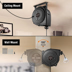SURAIELEC 50FT Retractable Extension Cord Reel, 14AWG/3C SJTOW Heavy Duty Power Cord with Lighted Triple Tap, 13A Circuit Breaker, Ceiling/Wall Mount for Garage, Shop, Workshop, ETL Listed, Black
