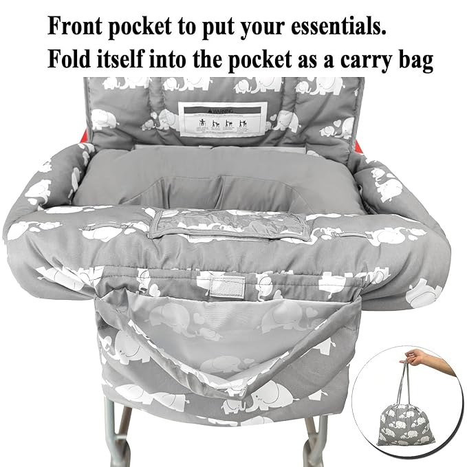 Love&go Soft Pillow Attached 2-in-1 Shopping Cart and High Chair Cover for Baby, Cotton Padded Cart Cover, Fold'n Roll Style, Portable with Carry Bag (Gray Elephant)