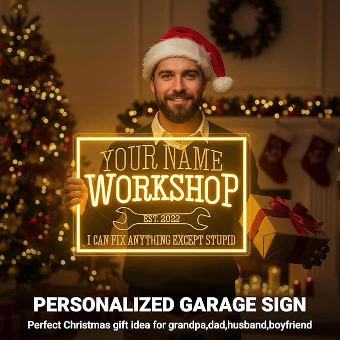 Large Custom Workshop Neon Sign for Wall Decor, Personalized 3D Engraved Garage Name LED Acrylic Sign, Customized Dimmable Neon Lights for Garage, Tool Room, Carport & Man Cave, Gifts for Dad Father Husband Grandpa