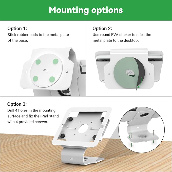 Kiosk POS Tablet Stand Compatible with iPad Air 1, Air 2, Pro 9.7, 5th, 6th, Business Desktop Retail Tablet Stand with 360° Swivel Base, Metal, White, PSC101W