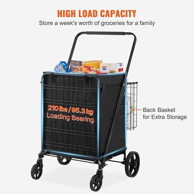 VEVOR Folding Shopping Cart with Removable Waterproof Liner, 330LBS Large Capacity Jumbo Grocery Cart with Dual Basket, 360° Swivel Wheels, Dense Metal Mesh Base, Heavy Duty Utility Cart for Shopping