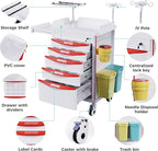 Medical Storage Crash Cart with Wheels - IV Pole, Silent Casters, Drawers with Dividers, Needle Disposal Holder, Trash Bin, O2 Holder, Emergency Mobile Cart for Clinic, Hospital, Nursing Center