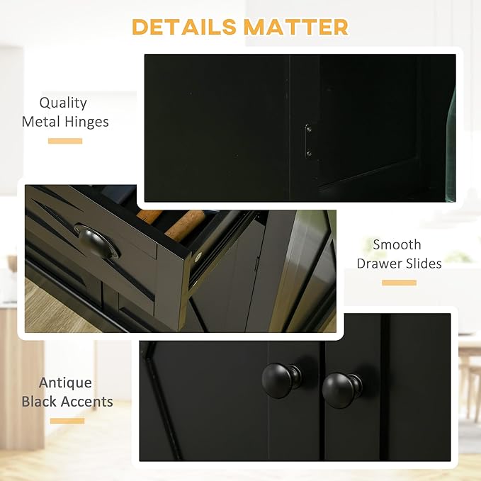 HOMCOM 72" Kitchen Pantry Storage Cabinet, Traditional Freestanding Pantry Cabinet with 4 Doors and 2 Adjustable Shelves, Large Central Drawer, X-Frame, Black