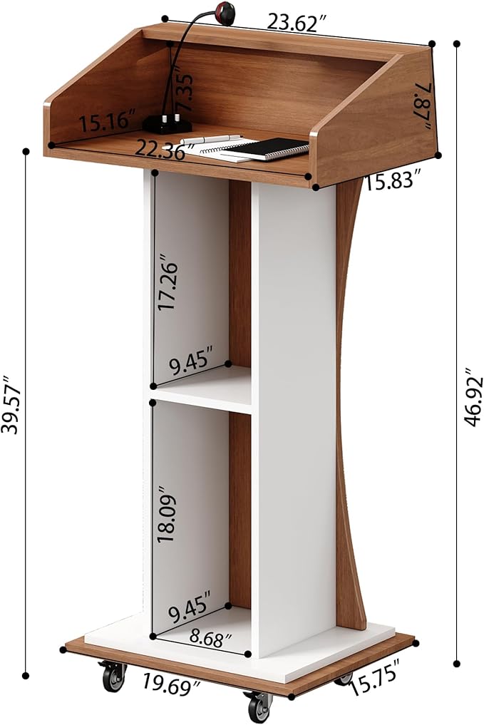 Mobile Wooden Podium Stand with Lockable Wheels Modern Presentation Blockboard Lectern Black Walnut Color with Storage Shelves for Office, Church, Classroom, Conference Room