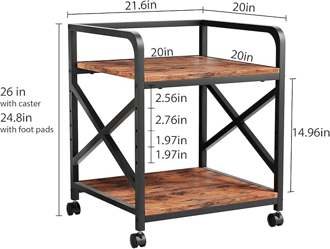 Ollieroo 2 Tier Printer Stand with Storage Shelf, Printer Table with Height Adjustable Top Shelf, Under Desk Storage Printer Cart for Paper Shredder Scanner, 3D Printer Stand for Home Office(Vintage)