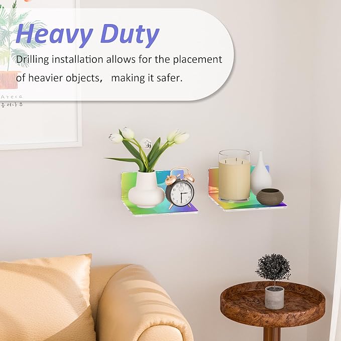 6 Inches Iridescent Acrylic Wall Shelves Set of 2, Wall Mounted Storage Display Shelves for Bedroom, Gaming Room, Living Room, Bathroom, Dining Room, Office, 2 Pack