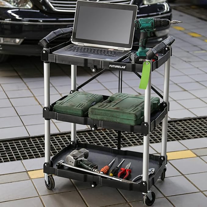FUTURELAB Portable Folding Service Cart - 3 Tier 330LBS Capacity - Rolling Utility Cart Foldable with Wheels for Warehouse Home Workshops Garages Restaurants Offices (Green)