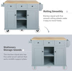 Rolling Kitchen Island with 2 Bar Stools, Drop Leaf, Cabinet Door Storage Racks & 3 Drawers, Mobile Kitchen Cart with Rubberwood Top & Locking Wheels for Dining Room & Kitchen, 53-Inch, Grey Blue