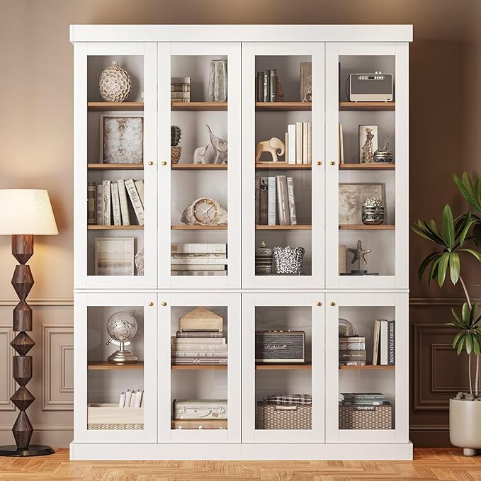 70.8" Bookshelf with Glass Doors, Farmhouse Modular Bookcase with 6-Tier Adjustable Shelves, Large Storage Cabinet for Living Room & Home Office, Set of 3, White