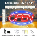 22" X 11" Led Neon Open Signs for Business, Large Open Signs, Plug In Electric Light Up with ON/OFF Switch, Ultra Bright Open Sign for Bar Salon Coffee Stores Club Hotel (Oval)