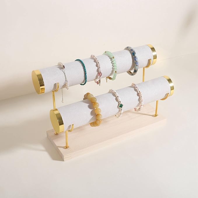 GemeShou Velvet Bangle storage oragenizer for selling,Beige bracelet storage rack for boutique store, Velvet wrap watch holder with wooden base for women girls【Bracelet holder-two tiers】