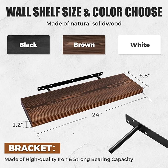 24"x6.8"x1.2" Solid Wood Floating Shelves 2-Pack - Rustic Brown Finish with Hidden Brackets, Perfect for Storage and Décor in Living Room, Kitchen, Bedroom