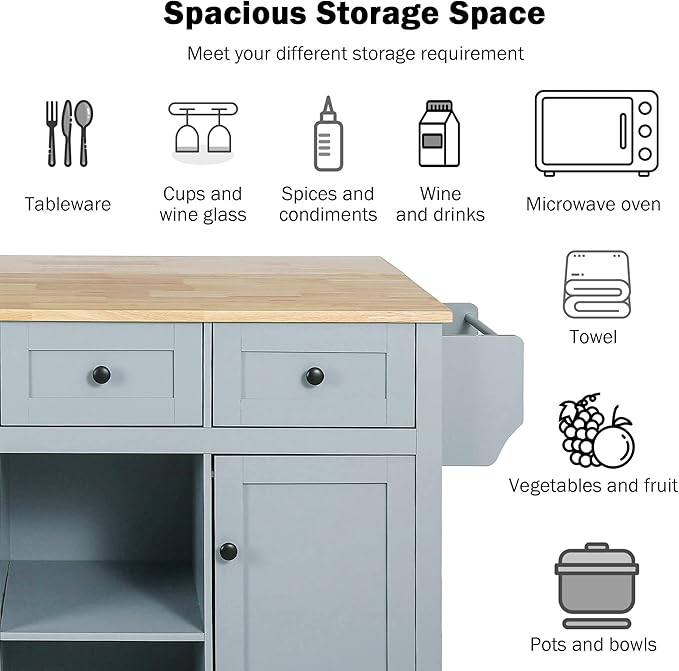 Yayzy Rolling Kitchen Island with Drop Leaf, Cabinet Door Storage Racks & 3 Drawers, Mobile Kitchen Cart with Rubberwood Top & Locking Wheels for Dining Room & Kitchen, 53-Inch, Grey Blue