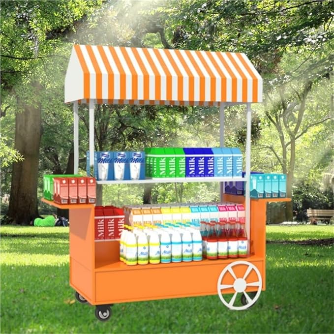Portable Food Cart with Canopy, Mobile Vendor Display Stand with Lockable Wheels, Outdoor Food Stall Trolley, Foldable Commercial Display Cart for Market, Street Food & Events(Red)