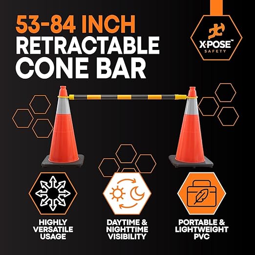 Retractable Barrier for Safety Traffic Cones - 2" OD - Large Yellow and Black Bar Barricade - for Road Construction, Parking, Warning, Temporary Security Divider (100, Yellow & Black, 53" x 84")