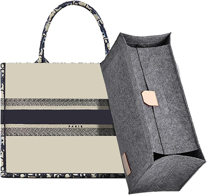 Doxo Purse Organizer Insert, Felt Tote Organizer Insert with Zipper, Bag Liner Perfect for L Onthego MM 35 & D Book Tote Medium (Grey-With Cover)