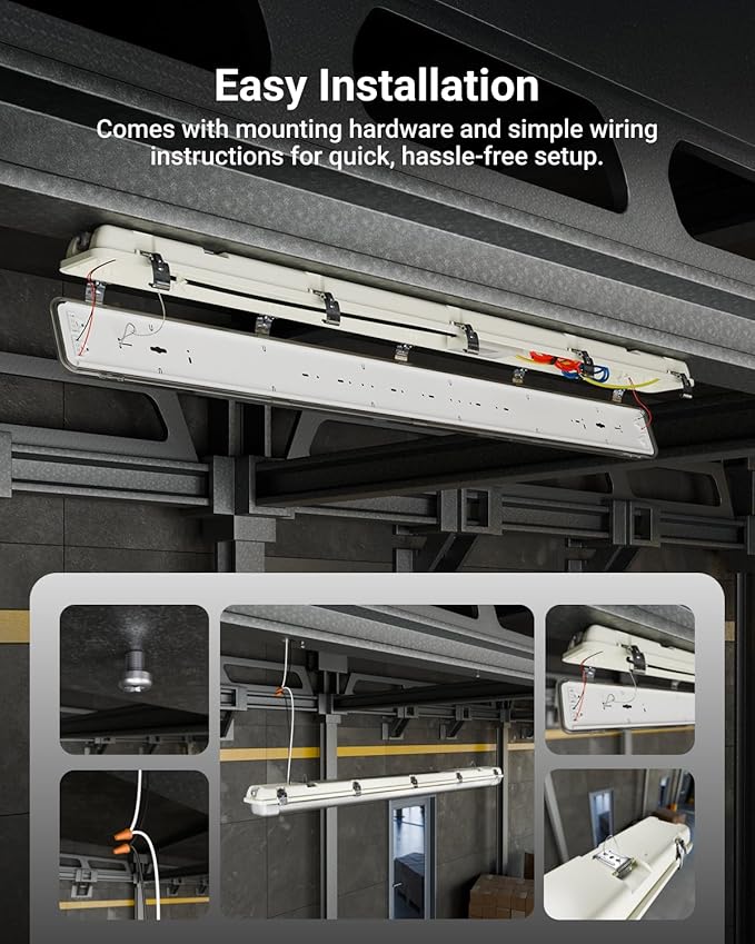Sunco LED Ready Fixture for Garage Ceiling, 4ft Shop Lights Holds 2 LED Tube Lights, Non-Dimmable, Surface Mount, Works with Type B and Hybrid Tubes, 120-277V, Wet Rated ETL 4 Pack