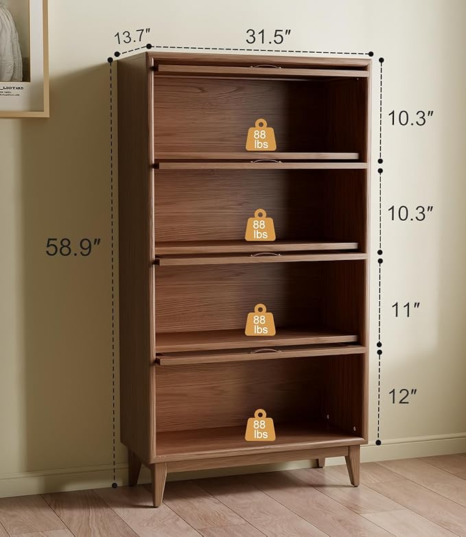 KungFuWood Wooden Bookcase with Tempered Glass Doors, Large Solid Wood Bookshelf Glass Front Bookshelves flip top Display Cabinet case Hidden Glass Doors for Apartments, Home Offices (4 tire 60")