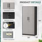 Greenvelly Metal Garage Storage Cabinet with Lock, 72”Metal Storage Cabinet with 2 Doors and 4 Adjustable Shelves, Steel Tool Cabinet for Garage,Home Office, School,Gym (Black Grey)