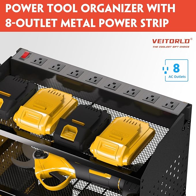 Veitorld Power Tool Organizer Wall Mount with Charging Station, 4 Drill Holder Heavy Duty Cordless Tool Storage Rack, Metal Garage Organizers and Storage, Christmas Birthday Gifts for Men Dad Him