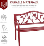 MFSTUDIO 50" Outdoor Red Garden Bench, Steel Metal Frame Patio Park Bench with Bird Pattern Backrest for Porch Backyard Lawn