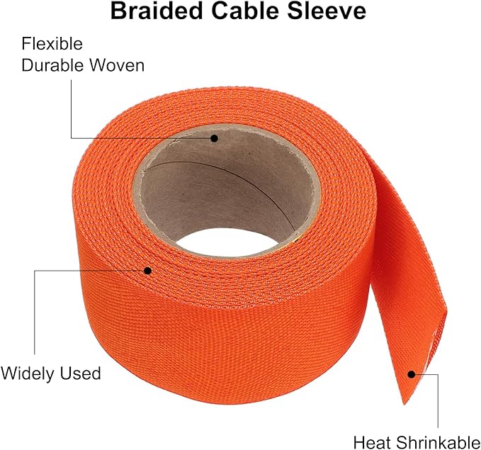 MECCANIXITY Braided Cable Sleeves Heat Shrinkable Fabric Sleeving, 1 3/8" 16ft Orange 2:1 Ratio Heat Shrinkable Cord Protector for Harness Cable, Network Cable Protection, Cable Management