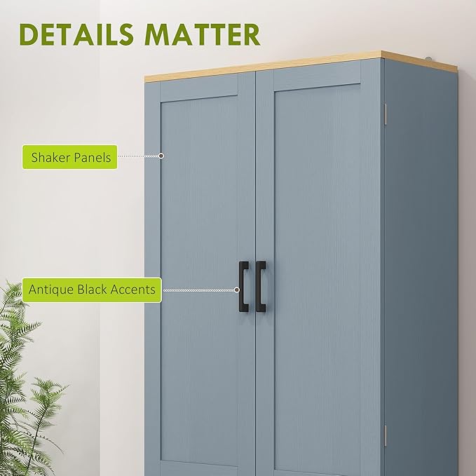HOMCOM 67" Freestanding Kitchen Pantry, 4-Door Storage Cabinet Organizer with Adjustable Shelves, Kitchen Cabinet with Doors and Shelves, Distressed Gray