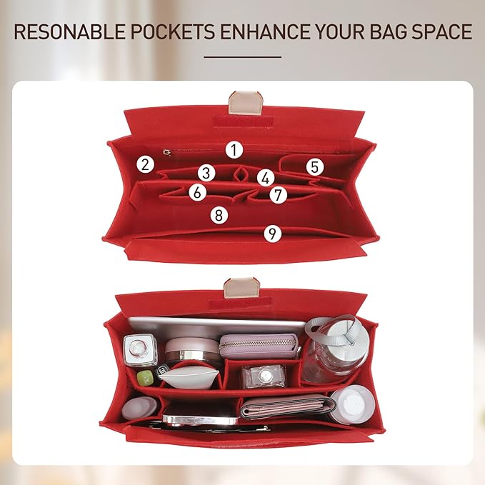 Doxo Purse Organizer Insert,Felt Bag Organizer with Zipper,Tote Organizer Insert Suitable for Lv Onthego GM & D Book Tote Bag Large and More (Red-With Cover)