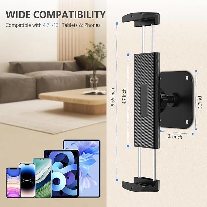 Tablet Wall Mount, Aluminum iPad Wall Mount Holder, 360° Rotation Adjustable Wall Holder Compatible with iPad Pro, Mini, Galaxy Tab, Surface Pro, Kindle, All 4.7-13" Tablets and Phones