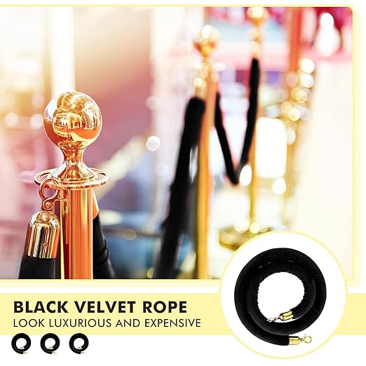 Woanger 6 Pack Velvet Stanchion Rope, 5 Feet Crowd Control Stanchion Ropes Safety Barrier with Gold Plated Hook for Carpet Events Movie Theaters Grand Openings Hotels Party(Black)