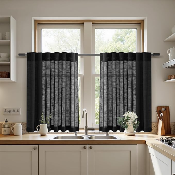 Nanspring Black Cafe Linen Curtains 24 Inch Length 2 Panels Privacy Semi Sheer Curtains for Small Window Kitchen Back Tab Rod Pocket Short Sheer Bathroom Curtain 36x24 Inches