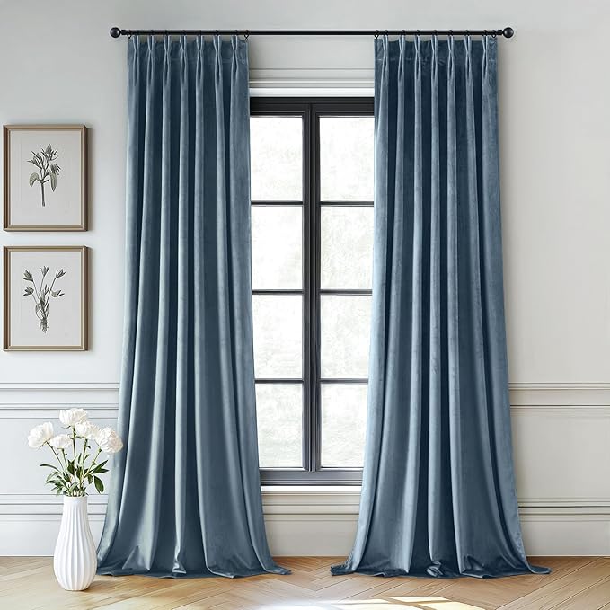 MIULEE Stone Blue Velvet Curtains 96 inches Long, Pinch Pleated Blackout Drapes with Hooks, Thermal Insulated Pinch Pleat Panels for Bedroom Living Room, 2 Panels