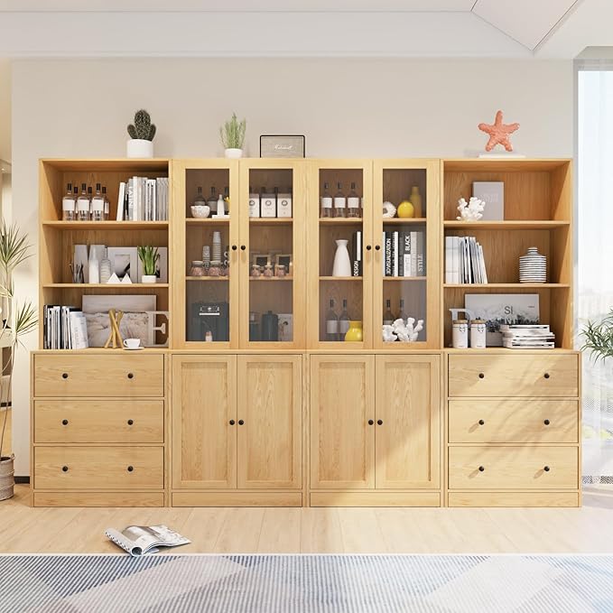 TUSY 71" H Bookshelf Bookcase with Doors, 3-Tier Modern Bookshelves with 3 Large Drawer, Display Bookcase with Glass Doors, Modern 5-Tier Curio Cabinet for Home Office, Dining Room (Wood, AB)
