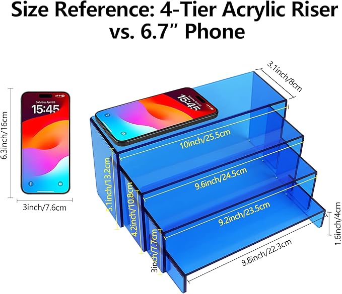 ELEGANTLIFE Acrylic Display Riser,4.3mm Heavy Duty Crystal Display Stand Shelf Layered Aesthetic, Jewelry Display Shelf Risers for Décor,4 Pack Set Multi-color (Blue)