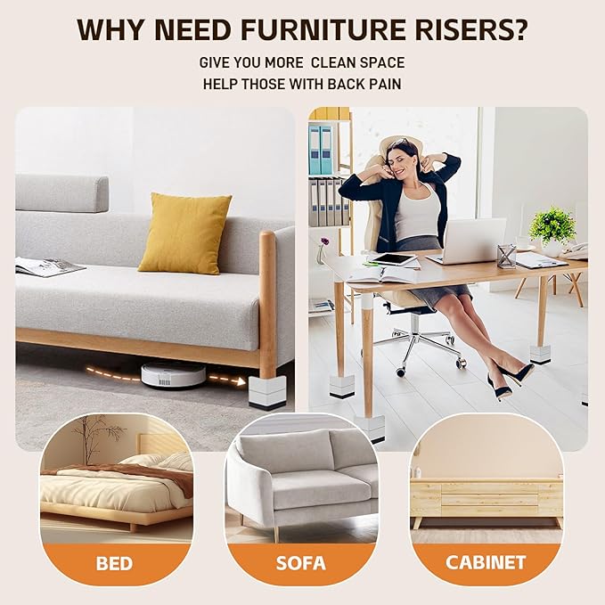 Bed Risers, Furniture Raise Blocks, 3 inch Stilts Heavy Duty for Bed Couch Desk Sofa Table Lifts, Furniture Legs Lifters Support up to 1300 Lbs (Light Grey, 8 Pack Set)