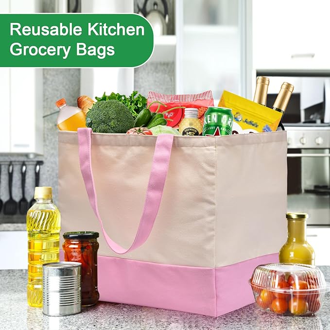 3 Pack Canvas Reusable Grocery Bags Heavy Duty（Blue + Pink + Black）, 8.3 gal Foldable Large Tote Bag with Handles, Holds 60 lbs Canvas Shopping Bags & Washable Eco-friendly Bags with 5 Pockets