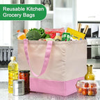 3 Pack Canvas Reusable Grocery Bags Heavy Duty（Blue + Pink + Black）, 8.3 gal Foldable Large Tote Bag with Handles, Holds 60 lbs Canvas Shopping Bags & Washable Eco-friendly Bags with 5 Pockets