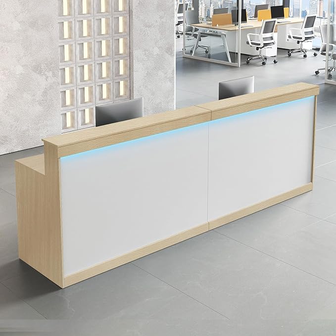 71" Modern Reception Desk with LED Lights, Front Desk Reception Counter with Lockable Drawer, Storage Cabinet & Keyboard Tray for Office, Salon, Checkout (Maple + White)