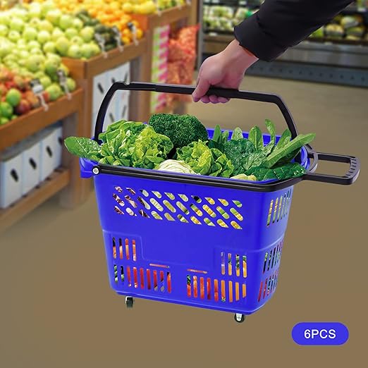 Rolling Shopping Baskets, 6PCS Shopping Carts 35L/9.2gal Plastic Rolling Shopping Basket with Wheels and Handle for Carrying and Storing Clothing Groceries (Blue)