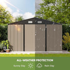 Patiolife Outdoor Storage Shed 10x8 FT with Floor Frame, Garden Tool Metal Shed with Sloping Roof and Double Lockable Door for Backyard Garden & Patio, Brown