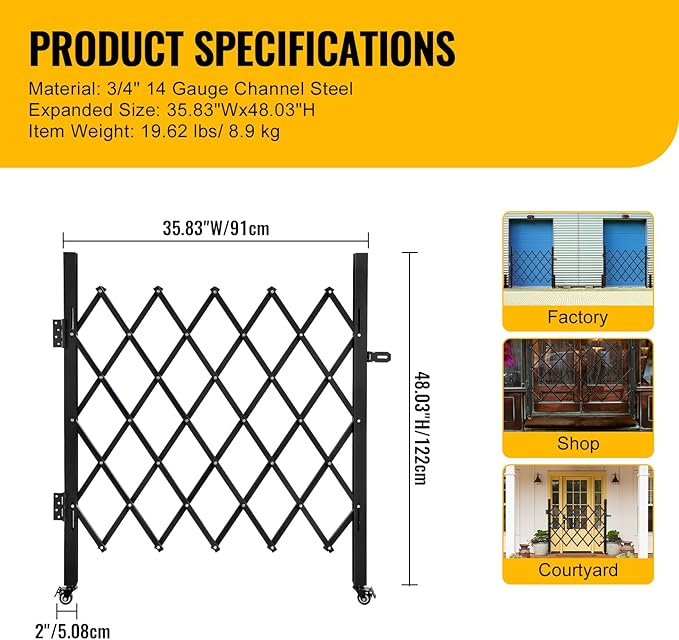 Folding Security Gate 35.83''W X 48.03''H Steel Scissor Door Gate Barricade Gate Expandable Security Gate Flexible Accordion Security Gate with 360° Wheels&Padlock