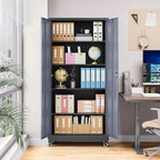 Metal Garage Cabinet with Wheels, Tall Storage Cabinet with 4 Adjustable Shelves and 2 Doors, Lockable Tool Cabinet for Garage Home Office,Gym,School (Black-Gray)