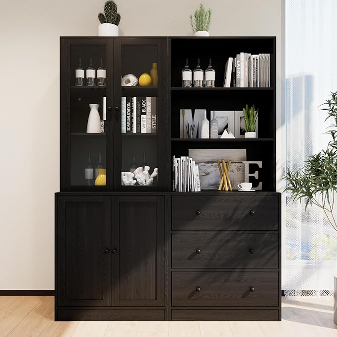 TUSY 71" H Bookshelf Bookcase with Doors, 3-Tier Modern Bookshelves with 3 Large Drawer, Display Bookcase with Glass Doors, Modern 5-Tier Curio Cabinet for Home Office, Dining Room (Black, AB)