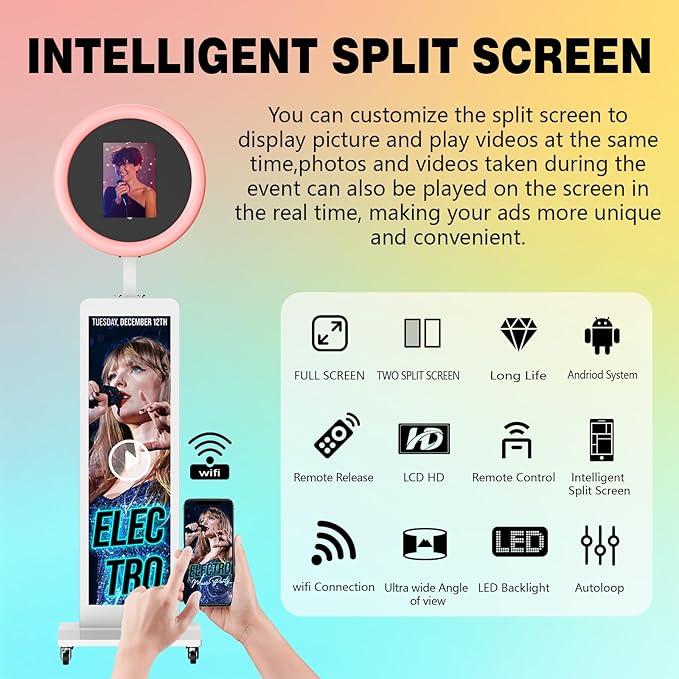 HARZHI 38'' LCD Screen Portable Photo Booth Compatible with Any Ipad, 1080P Intelligent Split Screen Ipad Photo Booth LCD for Wedding Party Software APP Control LCD Ring Light, Flight Case White
